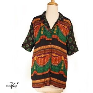 Vintage D Broadway Blouse Top Colorful Print Button Up Rayon Size XL - Hey Viv